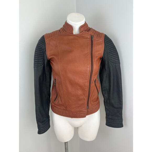 Madewell Colorblock Quilted Backroad Moto Leather Jacket Black Burnt Orange XS - Picture 3 of 9